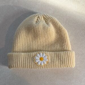 Yellow Knit Beanie with Daisy Accent